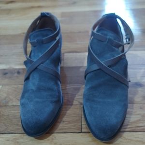 Gray suede, leather trim bootie with chunky black